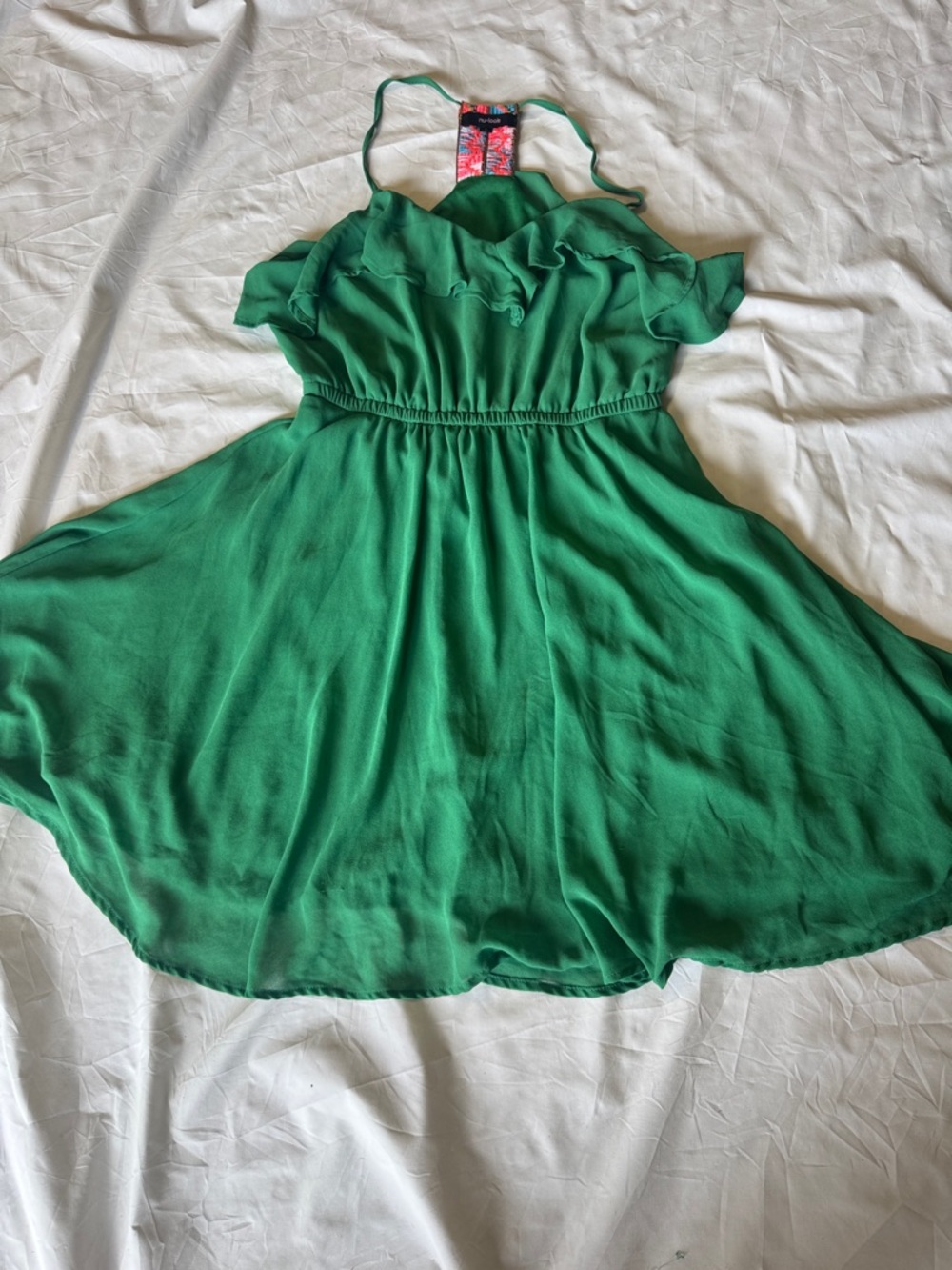 Girls Emerald Green Halter Ruffle Dress by